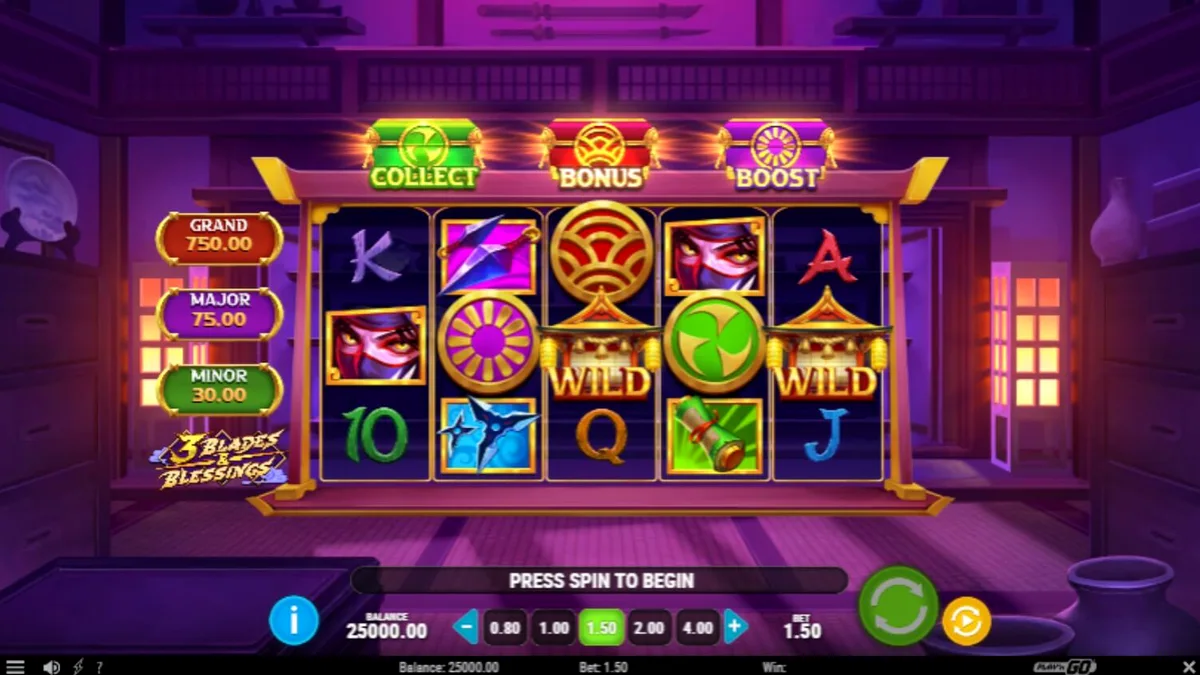 Tampilan visual slot 3 Blades & Blessings dengan tema ninja dan latar belakang Jepang feodal.