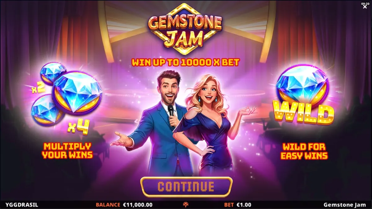 Tampilan visual slot Gemstone Jam dengan latar belakang panggung acara televisi yang glamor.