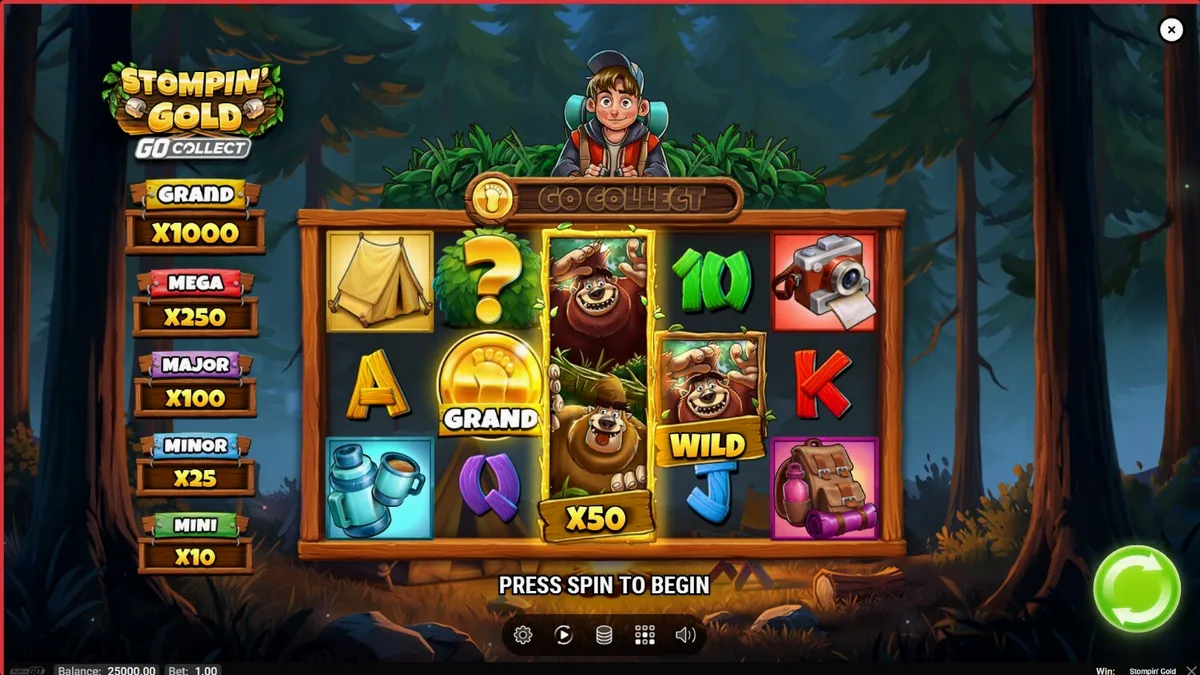 Pemandangan hutan fantasi dengan karakter yeti dalam permainan Stompin’ Gold GO Collect